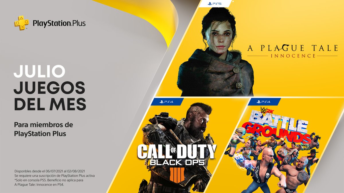PlayStation Plus España (@pspluses) on Twitter photo ¡Revelados los #JuegosDelMes de Julio!☀️Guía a dos hermanos en la oscura aventura de #APlagueTaleInnocence de #PS5 🐀Afina tu puntería con #BlackOps4 🔫Pelea contra todos en #WWE2KBattlegrounds 🤼y desata la magia con #TheFiveCovens de <a href="/PSTalents/">PlayStation Talents 🤖 A-RED WALKING ROBO el 17/7</a>🧙♀️en #PS4👉bit.ly/JDMJl21 ¡Revelados los #JuegosDelMes de Julio!☀️Guía a dos hermanos en la oscura aventura de #APlagueTaleInnocence de #PS5 🐀Afina tu puntería con #BlackOps4 🔫Pelea contra todos en #WWE2KBattlegrounds 🤼y desata la magia con #TheFiveCovens de <a href="/PSTalents/">PlayStation Talents 🤖 A-RED WALKING ROBO el 17/7</a>🧙♀️en #PS4👉bit.ly/JDMJl21