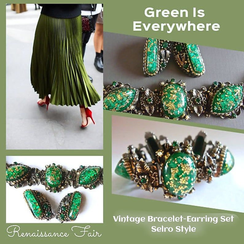 renaissancefai's tweet photo. Green Gold Confetti Bracelet Earrings Set, Unsigned Selro, Rhinestones, Seed Pearls, Vintage https://t.co/HyjCsqx6po #green #bracelet #women #selrobracelet #selroearrings #selrojewelryset #greenconfetti #goldconfetti https://t.co/3o4Tuh9Xga