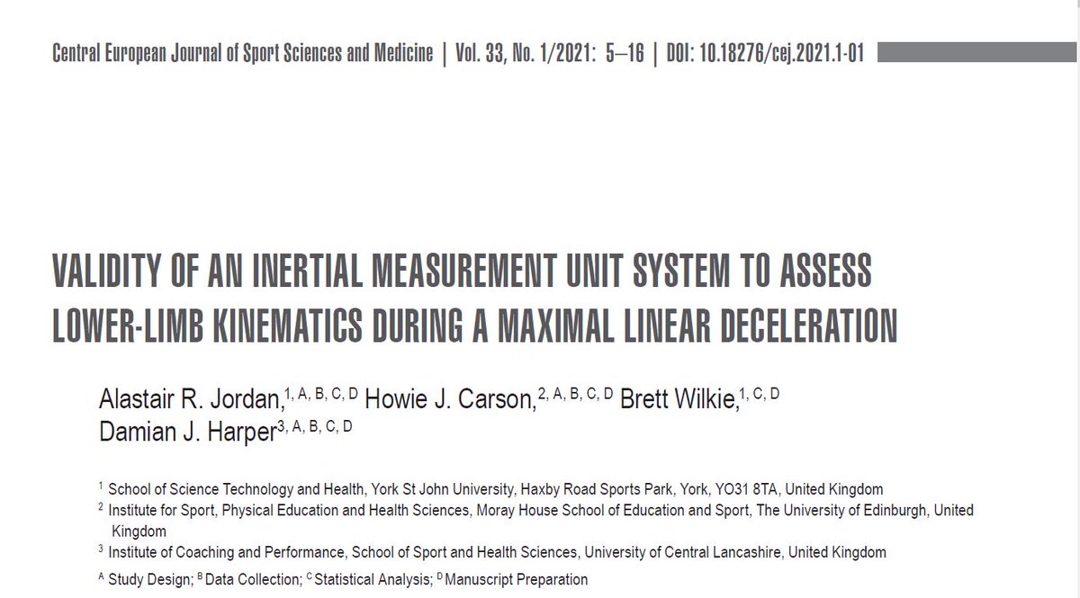 Our latest collaboration with York St John University and UCLan. Using the <a href="/Xsens/">Xsens</a> motion capture suit to assess lower-limb kinematics in maximal linear decelerations. <a href="/DHMov/">Damian Harper, PhD</a> FREE download wnus.edu.pl/cejssm/en/issu…