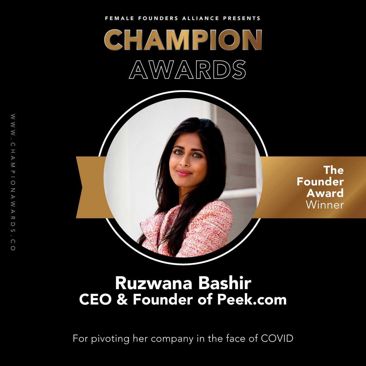 Peek (@peek) on Twitter photo We are delighted to share that Peek’s Ruzwana Bashir was among the winners at <a href="/2point19/">Female Founders Alliance</a>'s 4th annual Champion Awards! Ruzwana received the Founder Award in recognition of her work within the travel industry and innovation in the face of COVID. Congrats Ruzwana! We are delighted to share that Peek’s Ruzwana Bashir was among the winners at <a href="/2point19/">Female Founders Alliance</a>'s 4th annual Champion Awards! Ruzwana received the Founder Award in recognition of her work within the travel industry and innovation in the face of COVID. Congrats Ruzwana!