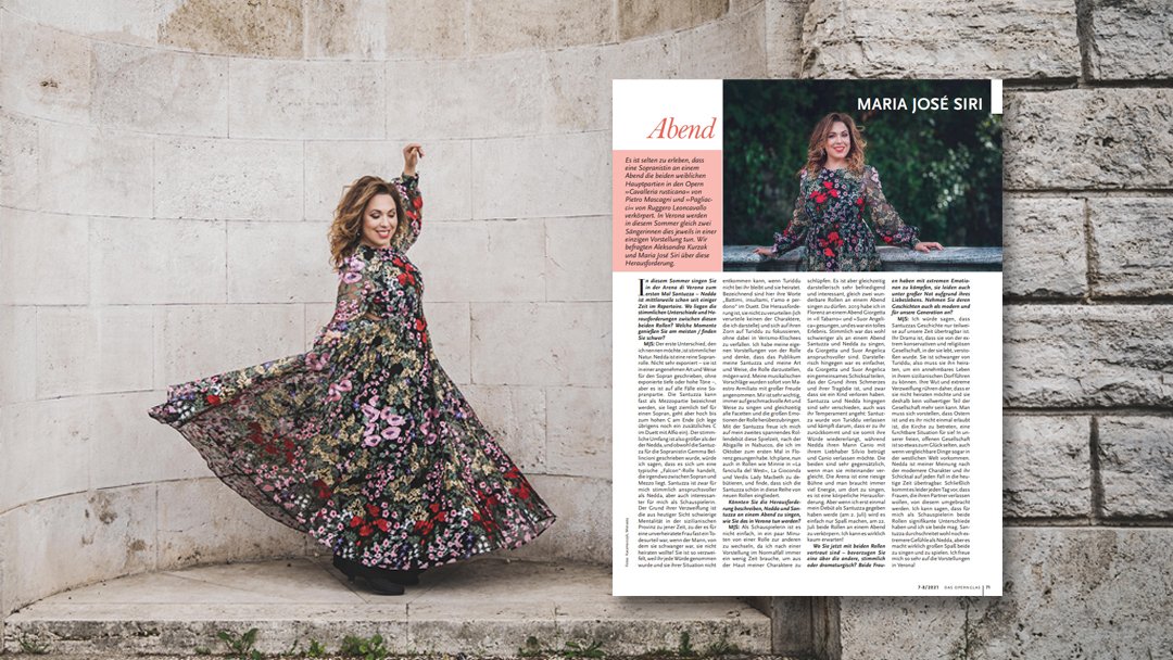 sirimajo's tweet photo. The 7/8 issue of #DasOpernglas is out,where you'll find an interview about my debut in #CavalleriaRusticana&the satisfactions&challenges of interpreting both Santuzza&Nedda in the same show like the one taking place on July 22 @arenadiverona. Vi aspetto a #Verona💋
#MariaJoséSiri https://t.co/JzIcYjVvgw
