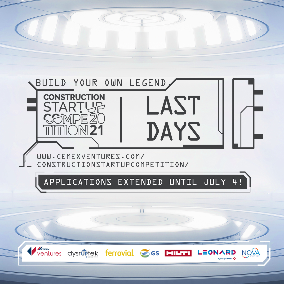 Hurry! Last days to participate in Construction #Startup Competition 2021! Apply now and share your revolutionary solutions with seven leaders from the #construction sector! 

You have until July 4 👉 bit.ly/3yezckh