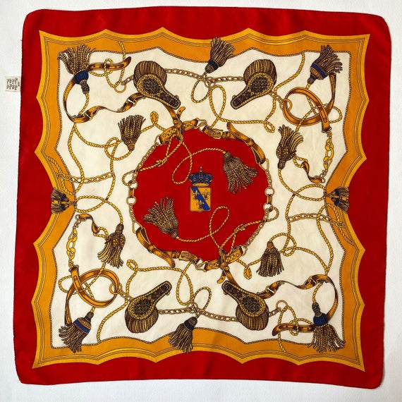 Vintage Equestrian Regal Gold &amp; Red Designer Opulent Print Neck Hand Rolled Square Pure Silk Scarf by VintageScarfBoutique dlvr.it/S2mwRr
