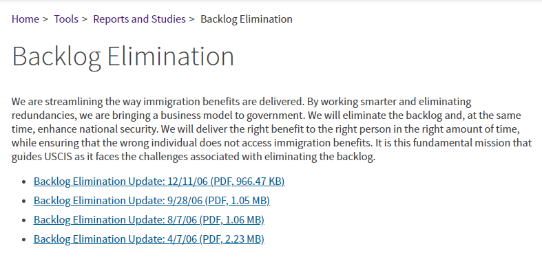 immigrationgirl's tweet photo. "Backlog Elimination" - a hot topic at USCIS since at least 2006. 15 years later and they still have not accomplished it. I think they need to go back to the drawing board and get these processing times under control once and for all. #Immigration https://t.co/48RtcGKGbi