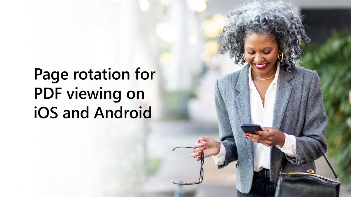 Text reads "Page rotation for PDF viewing on iOS and Android". Person looking at phone laughing.