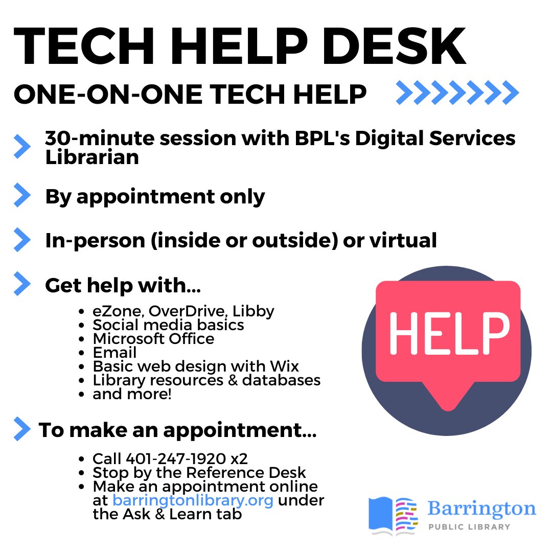 BarringtonPLRI's tweet image. Make a one-on-one tech help appointment with the Tech Help Desk here: barringtonlibrary.setmore.com/techhelpdesk or by calling 401-247-1920 x2
#barringtonplri #barringtonri #techhelpdesk