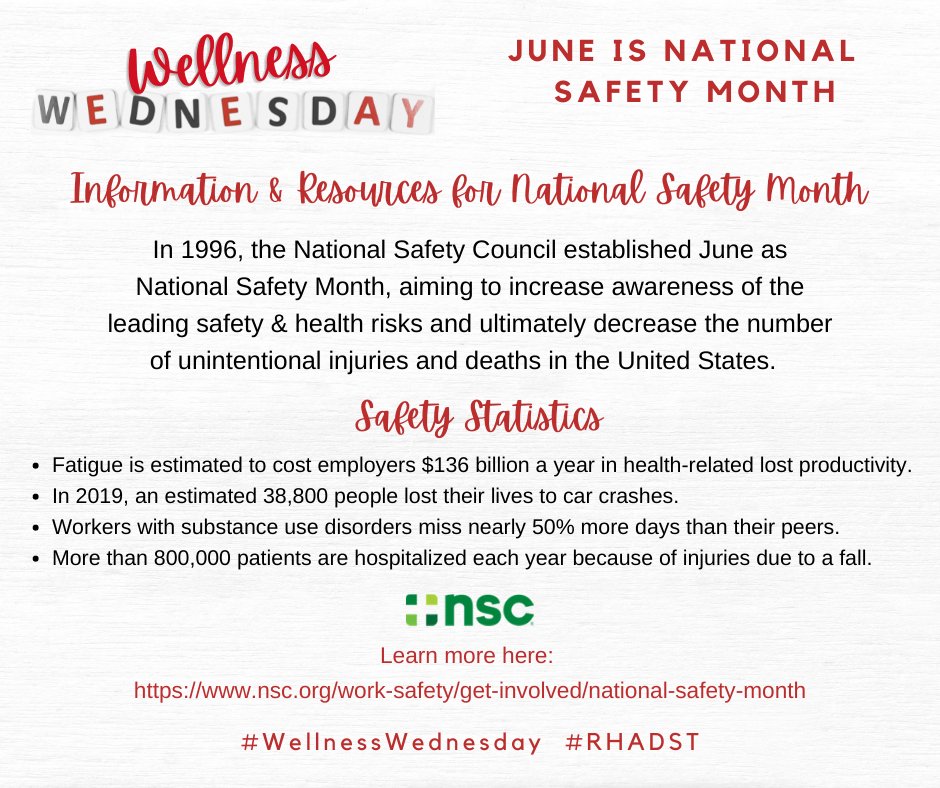 With the U.S. seeing the highest number of workplace deaths since 2007 – 5,333 fatal workplace injuries in 2019 – National Safety Month observance is more important than ever. 

To learn more, visit nsc.org/work-safety/ge…

#WellnessWednesday #RHADST