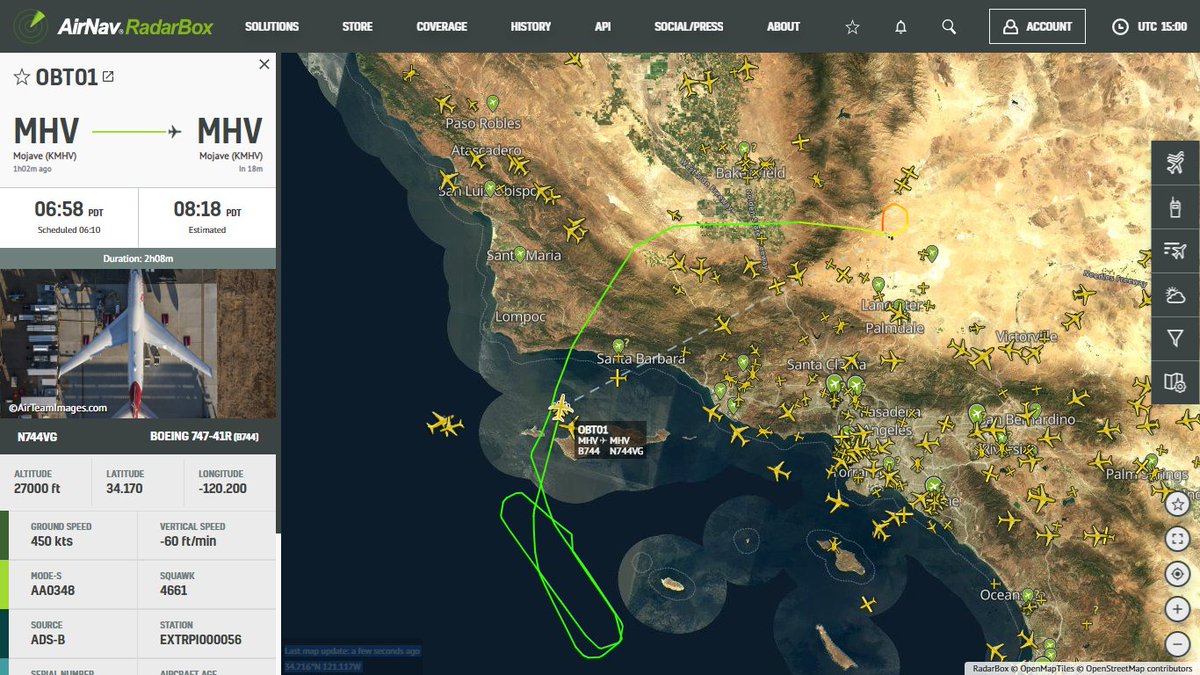 AirNavRadar's tweet photo. After a successful mission, the @VirginOrbit Boeing 747-41R Cosmic Girl is returning to Mojave. ✈️

Track #OBT01 now: 
https://t.co/zSQnMRBaw0

#VirginOrbit #Boeing #CosmicGirl #RadarBox https://t.co/oC9CmEOXyK