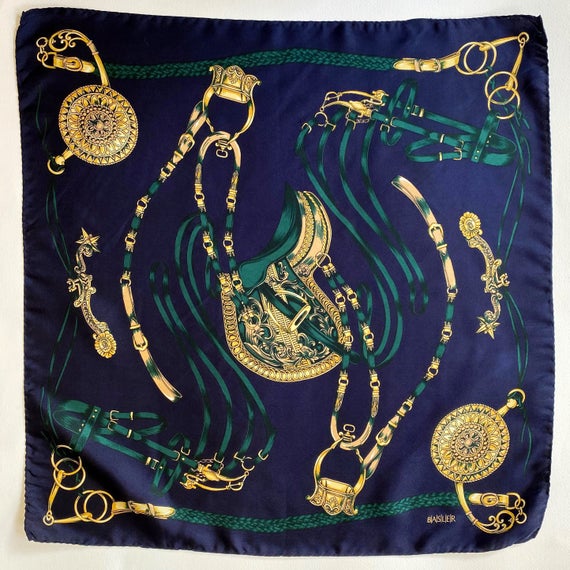 Vintage Equestrian Navy Blue Designer Opulent Print Neck Hand Rolled Square Pure Silk Scarf by VintageScarfBoutique dlvr.it/S2mxzP