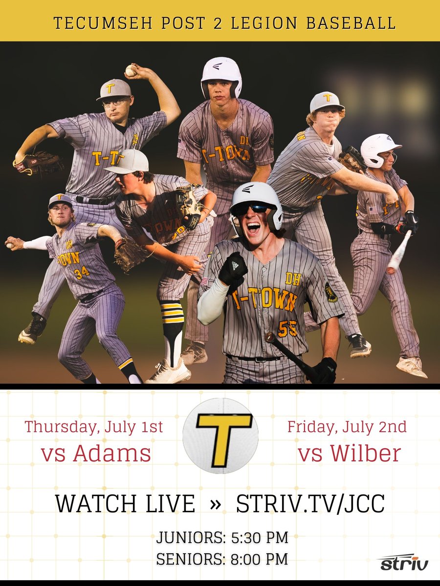 JCCENTRAL's tweet photo. Excited to announce that the JCC Striv Crew will be live streaming two nights of @TecumsehPost2 baseball!

⚾ Tecumseh vs Adams &amp; vs Wilber
📆 Thurs/Fri, July 1st/2nd
⏰ Starting @ 5:30 PM
📍 Tecumseh, NE
🔗 https://t.co/YKex9jF5py

#GoJCC #nebpreps #strivschools https://t.co/VZbRlHE1If