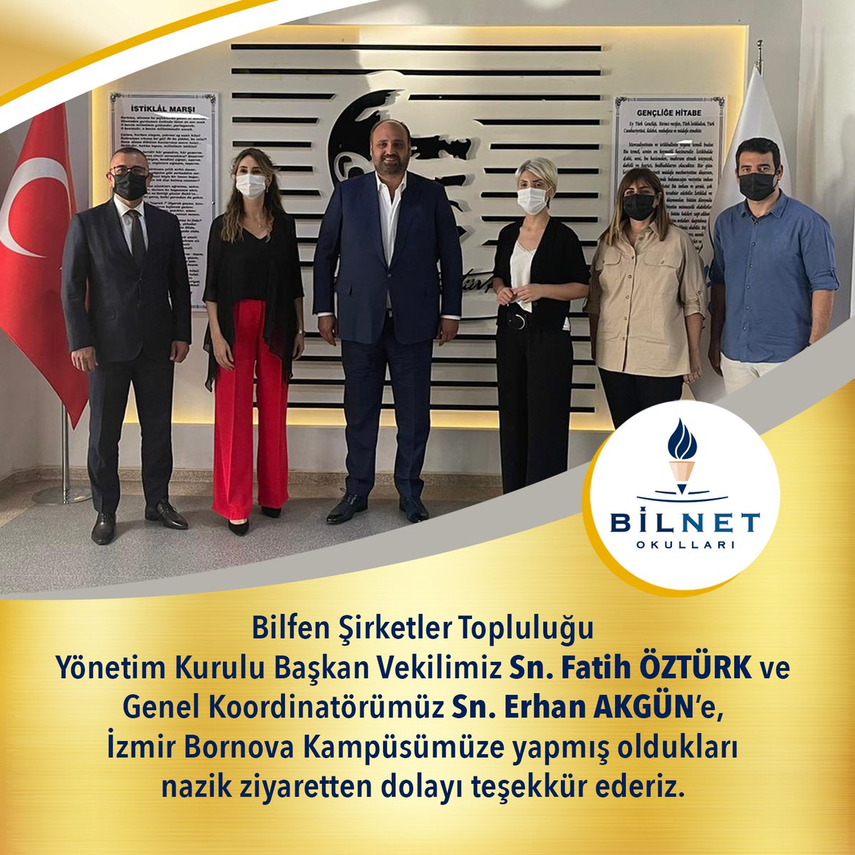 Bilfen Şirketler Topluluğu Yönetim Kurulu Başkan Vekilimiz Sn. Fatih Öztürk ve Genel Koordinatörümüz Sn. Erhan Akgün’e, İzmir Bornova Kampüsümüze yapmış oldukları nazik ziyaretten dolayı teşekkür ederiz.

#BilnetOkulları #BilnetSchools