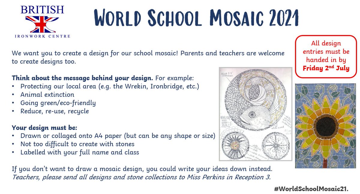 MissPerkins2020's tweet photo. HLC have started sending their mosaic design entries and stones in for our World School Mosaic, after getting all important details during last week's assembly. I can't wait to share some of the designs we've already received! Keep an eye out! #WorldSchoolMosaic21 #HLCPrimary https://t.co/QuD3sqGnRl