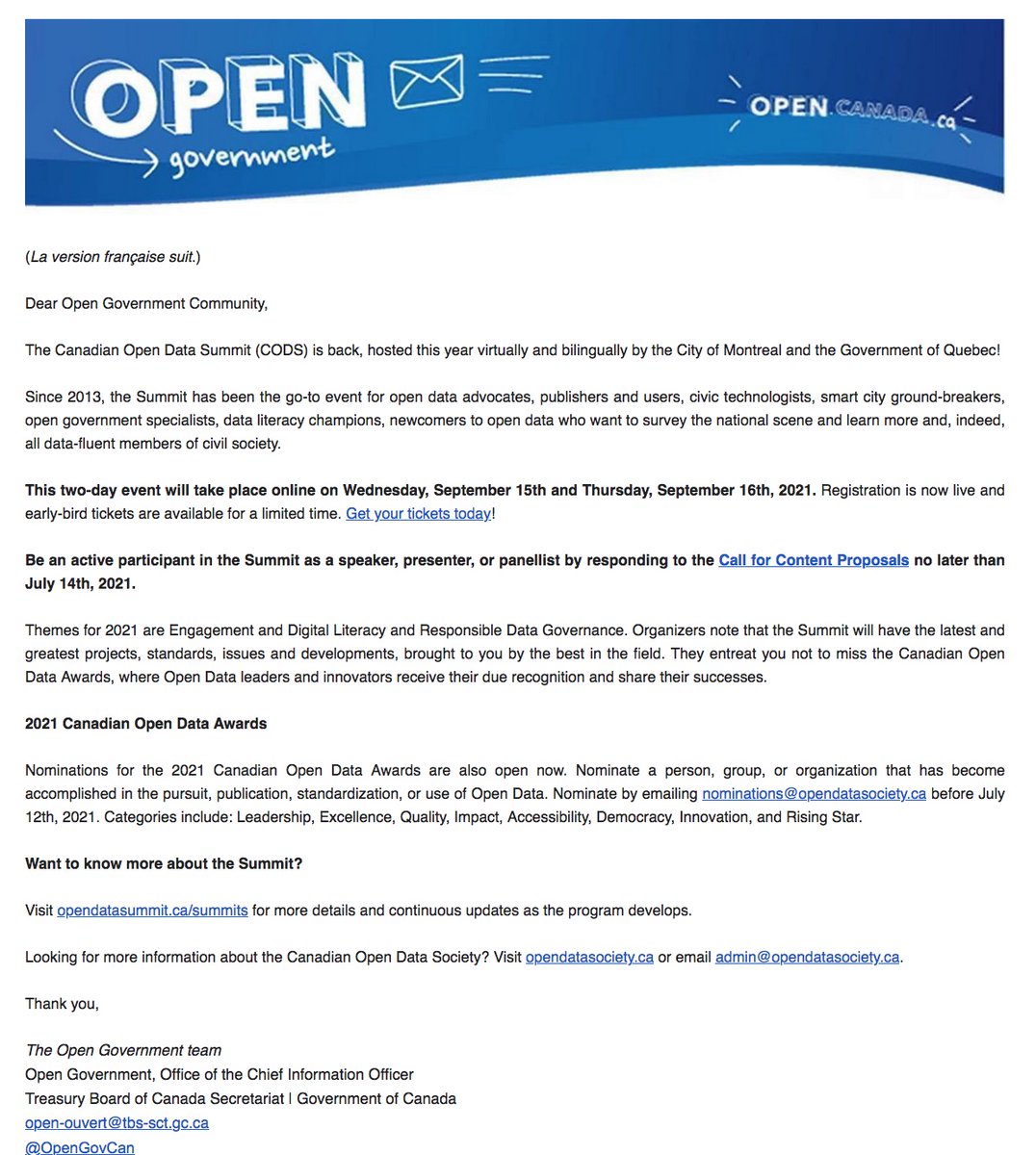 opengov's tweet image. 💡🇨🇦 @OpenGovCan announced that the Canadian #OpenData Summit (CODS) is back in September 2021 &amp;amp; will be hosted virtually &amp;amp; bilingually by the City of Montreal &amp;amp; the Government of Quebec. open.canada.ca/en
#OpenGov #OpenGovCan #GouvernementOuvert