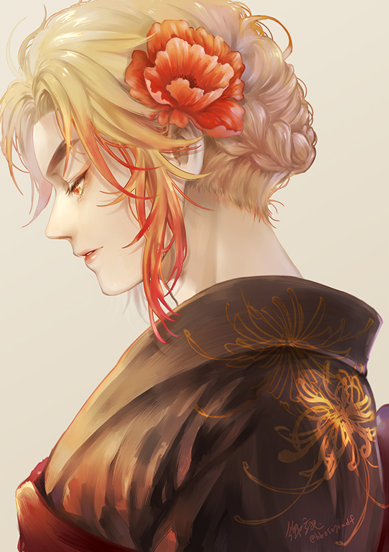 solo japanese clothes flower blonde hair kimono hair flower red hair  illustration images