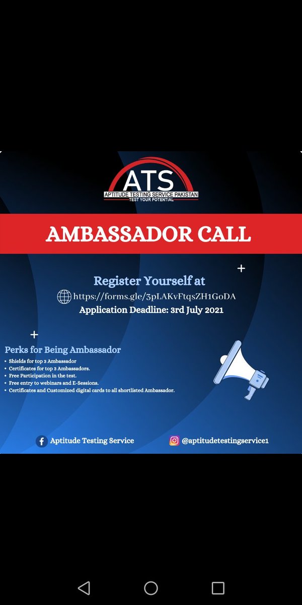AptitudeService's tweet photo. Ladies &amp; Gentlemen.!!!

Aptitude Testing Service Pakistan proudly announces it's Ambassador Call from all over Pakistan

Registration link:
https://t.co/t9UeanuHtV
Deadline: 3rd July 2021
For more details do contact: 03091382924

#AptituteTestingService
#TestYourPotential https://t.co/PDKLna34Ce