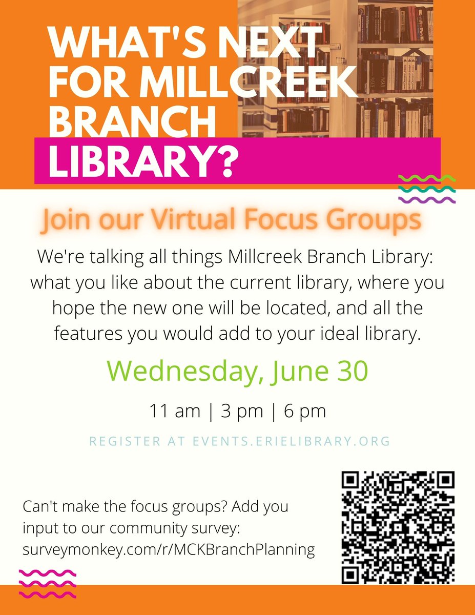ErieLibrary's tweet image. Join tonight&apos;s Millcreek Branch Library planning focus group at 6pm and tell us your wildest hopes for a new library! Register at events.erielibrary.org 
@CountyofErie @kdahlkemper @CityofEriePA @MillcreekMall @MTSD_McDowell @MillcreekEMA