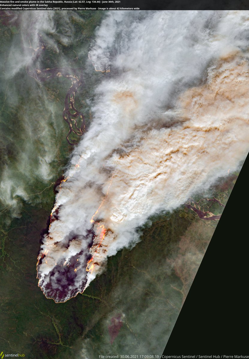 Satellite image of a massive fire and smoke plume in the Sakha Republic, Siberia, Russia. 30 June 2021. Copernicus/Pierre Markuse