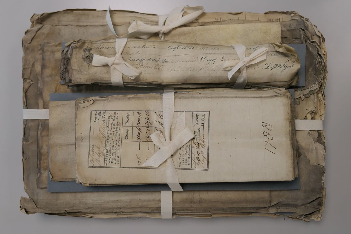 WorkInHeritage's tweet photo. We found dirt, soot, small stones, & glass fragments embedded in the Athlone Port & District (1786-9) account books as we were cleaning them. Not surprising as these records were pulled from the rubble! #PROI1922 #Savedfromthefire @JessicaHBaldwin @VirtualTreasury https://t.co/76Y2xJjw4R