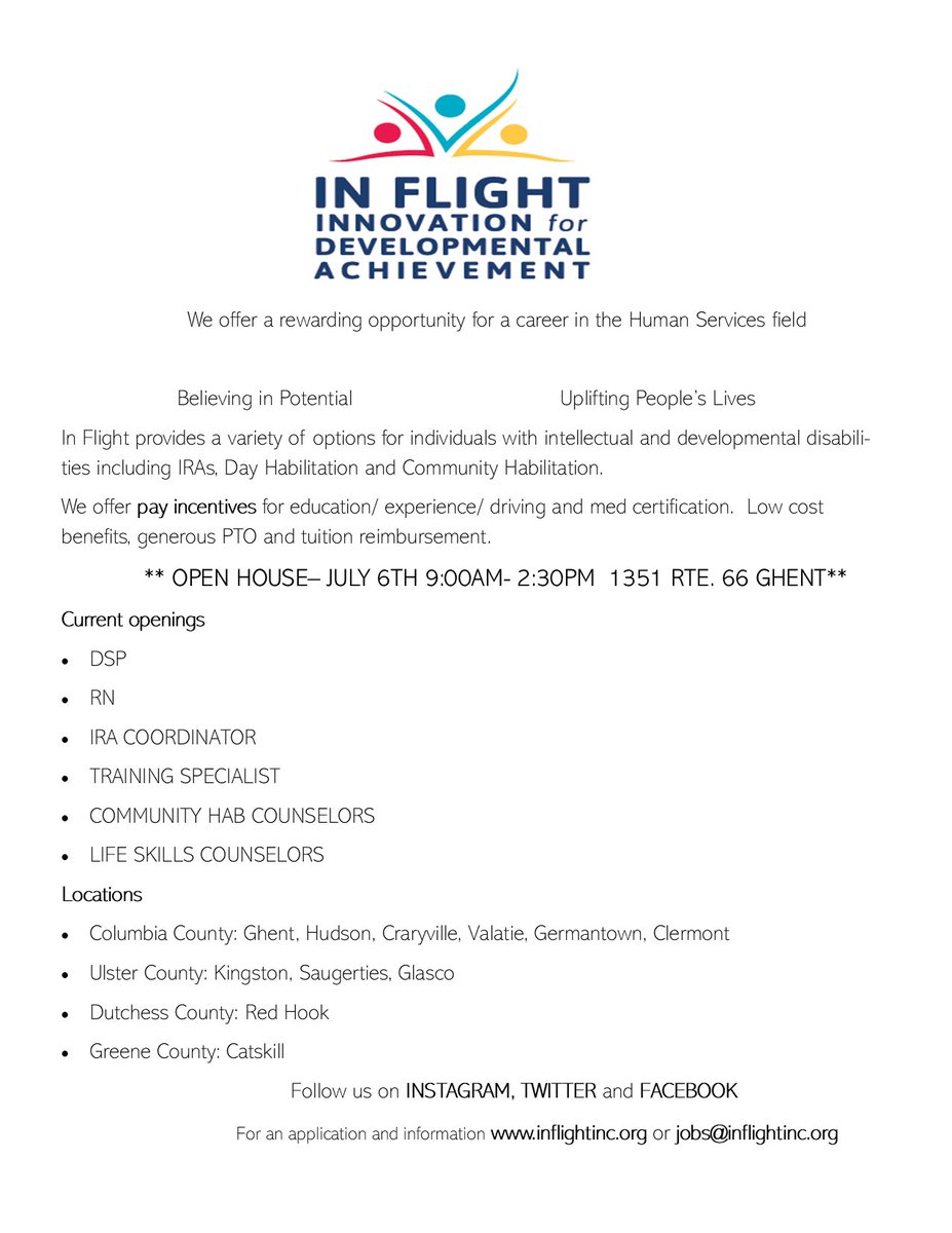 Looking for a new and rewarding job? 
Join us for our open house on July 6th, 9AM-2:30PM at our Ghent Office at 1351 Route 66 in Ghent!