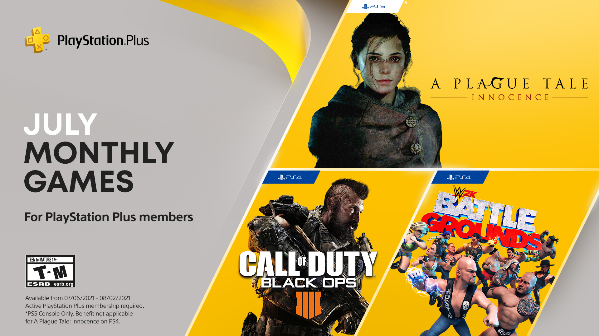 PlayStation on X: A Plague Tale: Innocence for PS5, Call of Duty: Black  Ops 4 and WWE 2K Battlegrounds for PS4 are your PlayStation Plus games for  July:   / X