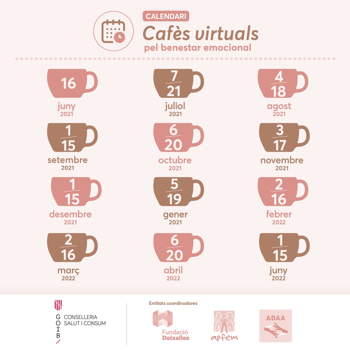 🗓️7 de juliol de 16.00 a 17.30h tornen els cafès virtuals☕️espai per afavorir el benestar emocional😊

Participació és oberta a qualsevol persona que vulgui compartir emocions i experiències.

Les persones que hi vulguin participar han d’enviar un 📧a cafesvirtualsib@gmail.com