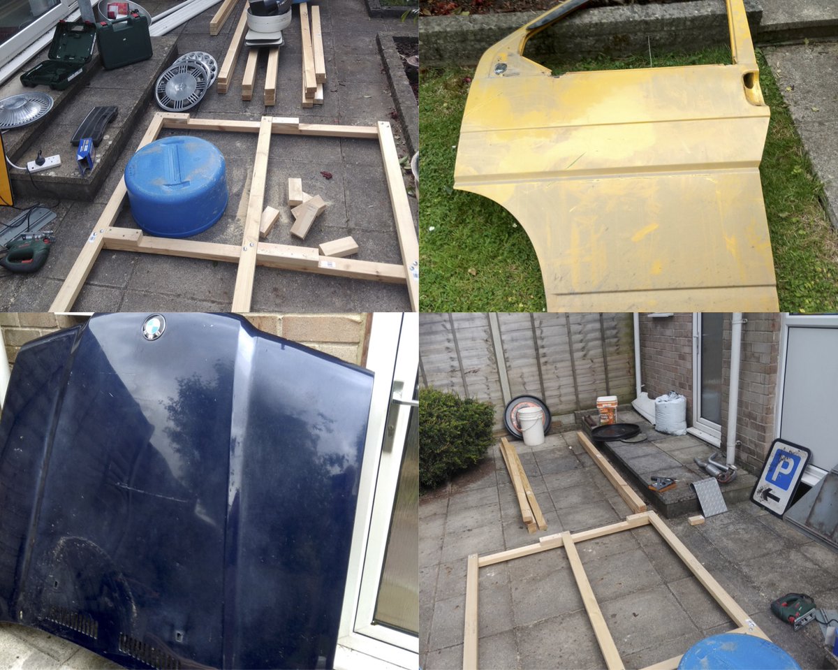 junkmusic's tweet photo. Days three and four of Imagine Watford playstation construction.
The first of four main frames is complete.
There are also two new arrivals: a bonnet/hood from a BMW automobile and a bright yellow truck door that makes a great booming sound! https://t.co/hTF9omt7RZ