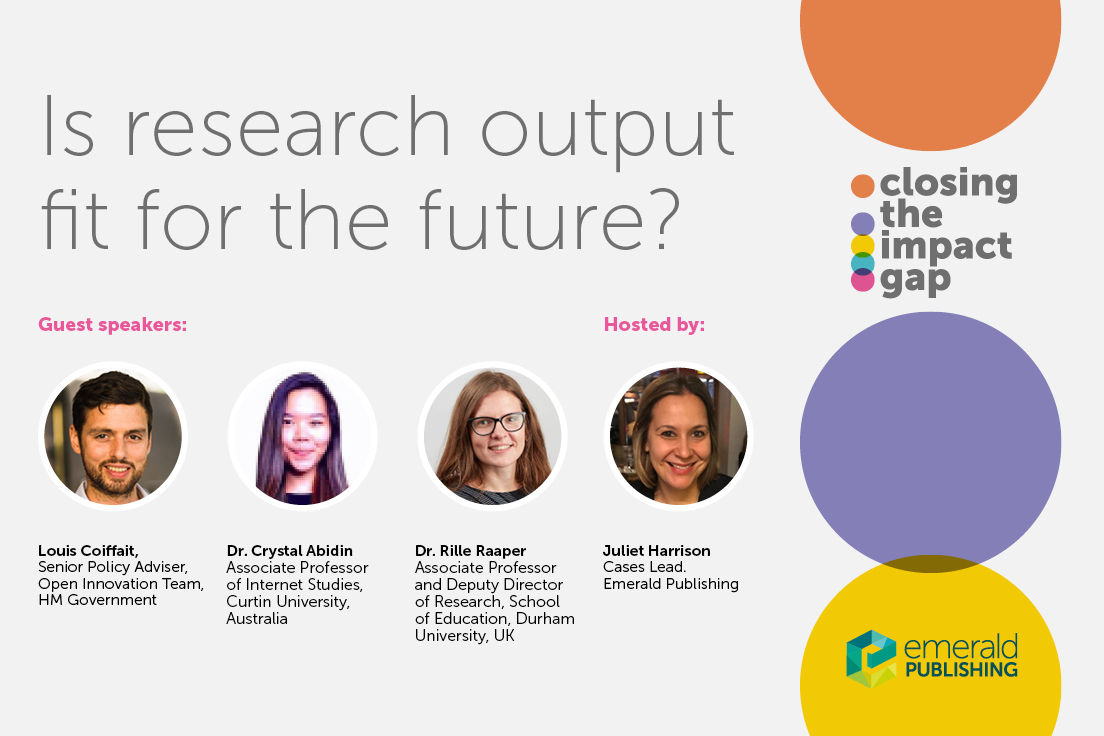 EmeraldGlobal's tweet photo. Thanks to all who joined the ‘is research output fit for the future’ webinar. Great discussion from the panel @rillera @wishcrys @LouisMMCoiffait @jharrison66 sharing their views &amp; challenges. We'll share a link to a recording tomorrow for anyone to listen. #ClosingTheImpactGap https://t.co/cdFkv3CeW1