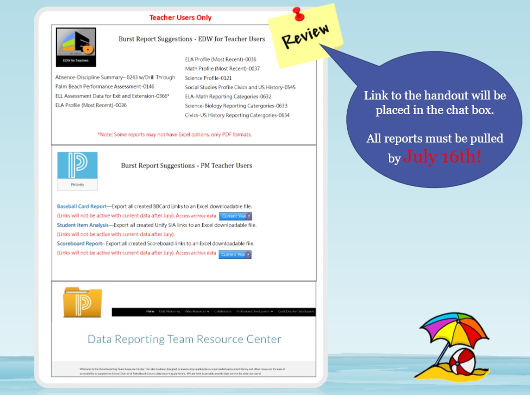 Planning for FY22...Here are some suggested reports to "Burst/Save" before the data (EDW &amp; PM) platforms annual roll-over. Available to Administrators and Teachers. <a href="/pbcsd/">The School District of Palm Beach County</a> <a href="/Area4SuptPBCSD/">North Region PBCSD</a>