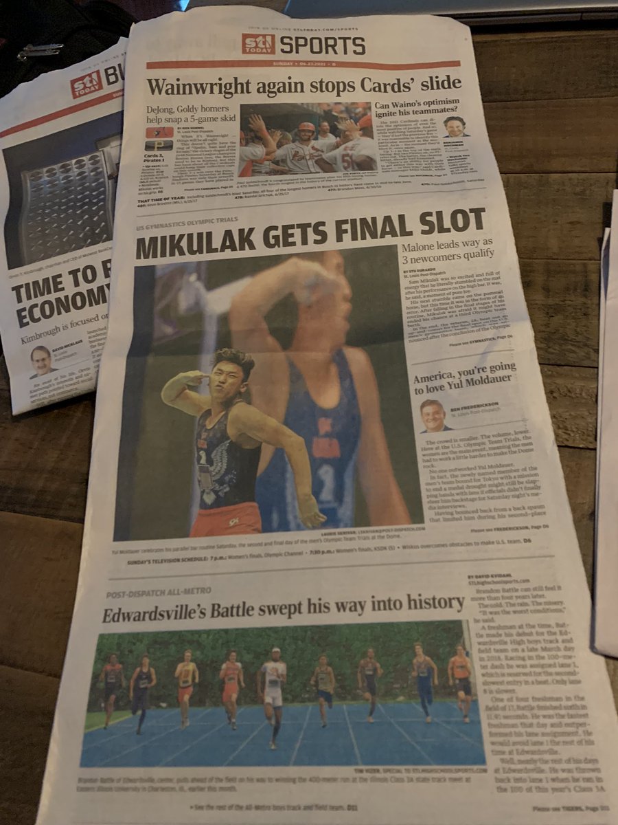 rojile's tweet photo. The greatest female gymnast of all time @Simone_Biles graced our city over the weekend and the cover of the Sunday sports section is our losing Cardinals @stltoday @STL_SportsNews #OlympicTrials2021 https://t.co/agdTfJHNYY