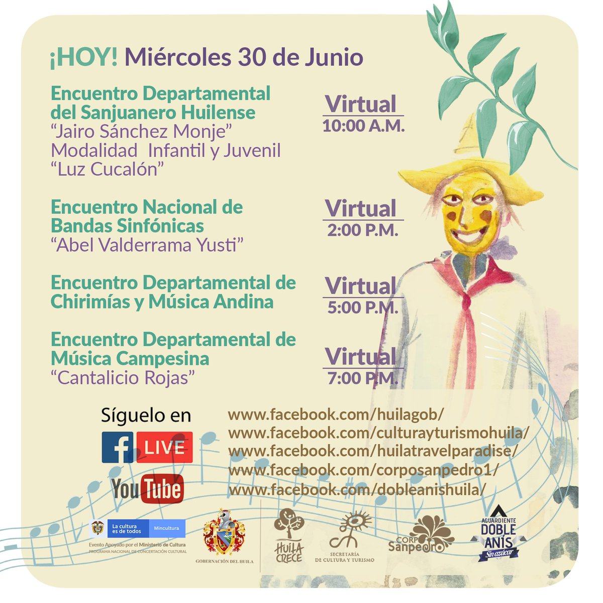 #FestivaldelBambuco 🎉🎶🤩 HOY
Agéndate con nuestras transmisiones. 
👉🏽El Festival es virtual 👈🏽

🔶Encuentro Departamental del Sanjuanero Huilense. 

🔶Encuentro Nacional de Bandas Sinfónicas 

🔶 Encuentro de Chirimías y Música Andina 

🔶Encuentro de Música Campesina.