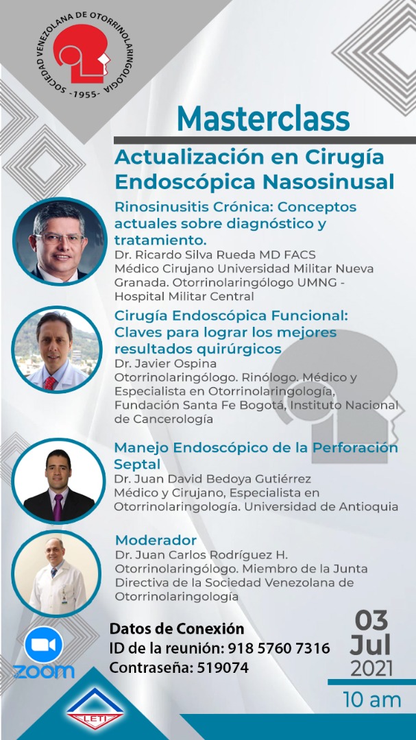 svorl's tweet photo. La #SVORL les invita este sábado 03 de julio a las 10 am al MasterClass en Actualización en Cirugía Endoscópica Nasosinusal.
nuestros invitados Dr. Ricardo Silva, Dr. Javier Ospina y el Dr. Juan David Bedoya desde 🇨🇴 ¡Te esperamos!
 #masterclassfess https://t.co/NPw3bvsBEJ