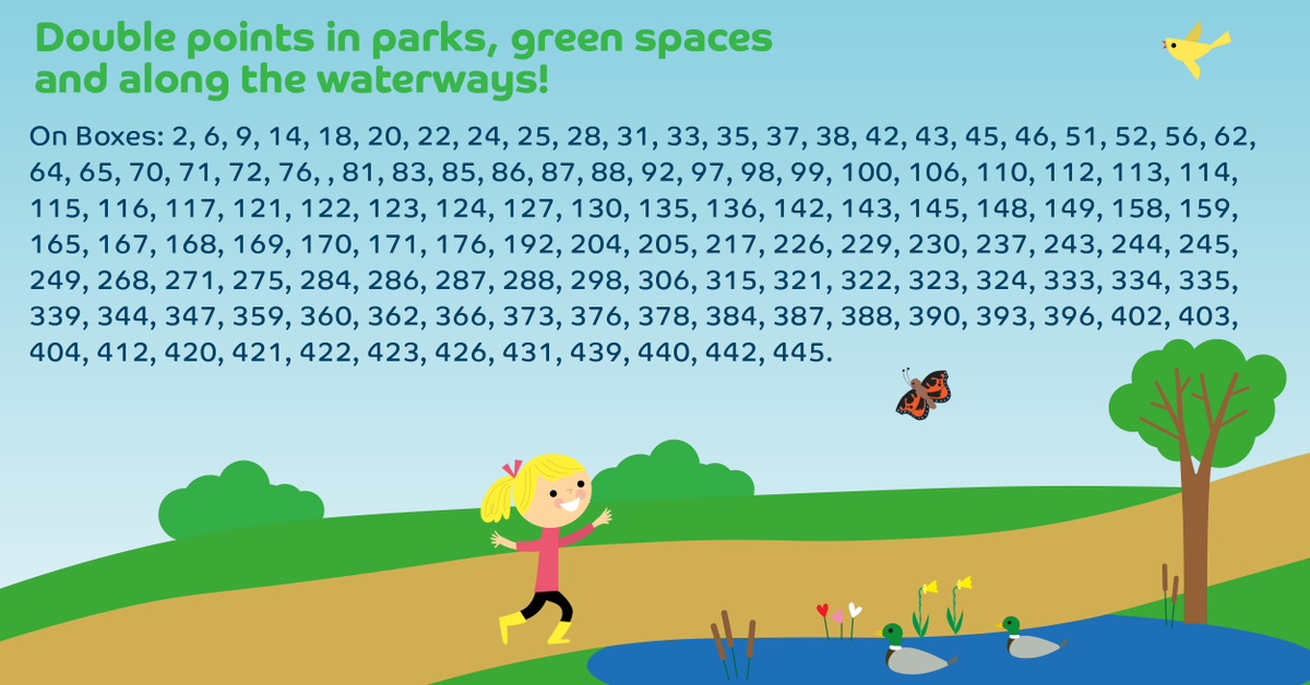 Getting out and about in green spaces is a great mood booster. All weekend, score double points on Boxes in parks, green spaces &amp; along the waterways. Let's #GoWild! <a href="/theoutdoorcity/">The Outdoor City</a> <a href="/VisitSheffield/">Welcome to Sheffield</a> <a href="/SheffCouncil/">Sheffield City Council</a> <a href="/movemoresheff/">Move More Sheffield</a> <a href="/OLPSheffield/">Sheffield Olympic Legacy Park</a> <a href="/SheffChildrens/">Sheffield Children's</a> @ParksSheffield