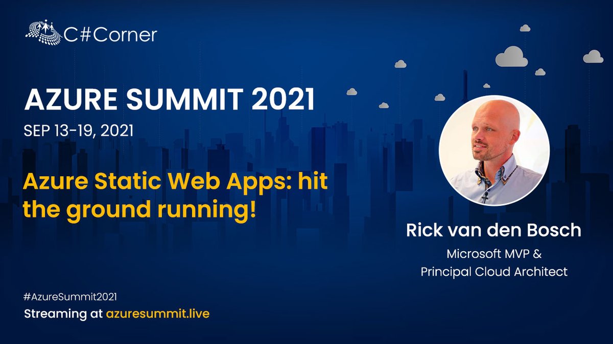 CloudSummitLive's tweet photo. Come and Join @rickvdbosch, Microsoft Azure MVP & Principal Cloud Architect, who will be speaking about "Azure Static Web Apps: hit the ground running" at #AzureSummit2021.
Register now at https://t.co/rVJqvA3TJM
#AzureSummit #Azure #MicrosoftAzure #AzureStatic #WebApps https://t.co/JgrbpJWgwG