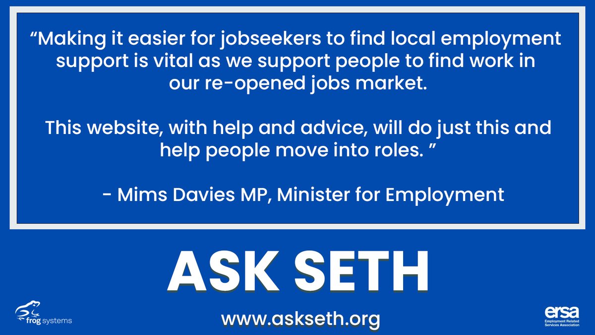 raiyshealthcare's tweet photo. Minister for Employment @mimsdavies shares her support for the #ASKSETH platform ⬇️
Designed with jobseekers in mind, ASK SETH has employment resources, videos and organisations.
Check out the platform - https://t.co/uPS4oSrtT1
@ersa_news @dwppressoffice https://t.co/fK6SbRUG56