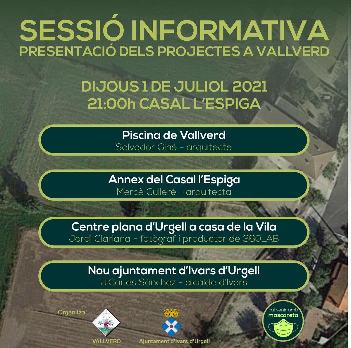 📣Sessió informativa dels projectes a Vallverd. 

🗓️ Dijous 1 de juliol
⏰ 21:00
🏠 Casal l'Espiga

S'explicarà tots el projectes i les seves motivacions. 

La sessió és oberta a tothom. 
<a href="/IvarsAjuntament/">Ajuntament Ivars</a>