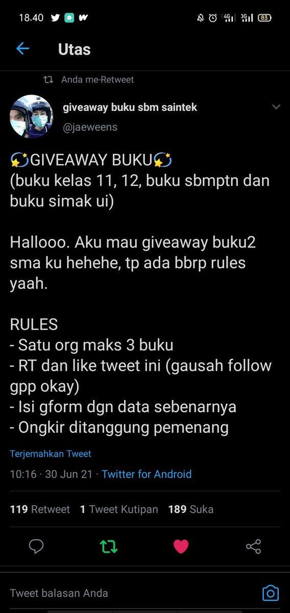 trytombiss's tweet photo. @jaeweens Hii kak, done yaa.. makasih udh mau bagi bagi bukunya, aku harap aku kepilih ya kak, semoga rejeki Kakak selalu lancar aamiin.. btw aku juga dom Depok, bismillah.. https://t.co/Yt4oFA8gXO