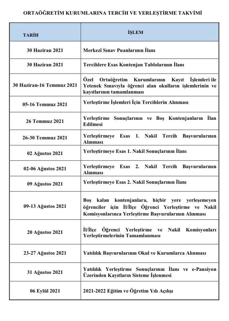 2021 Ortaöğretim Kurumlarına Tercih ve Yerleştirme Takvimi 
👇🏻👇🏻👇🏻