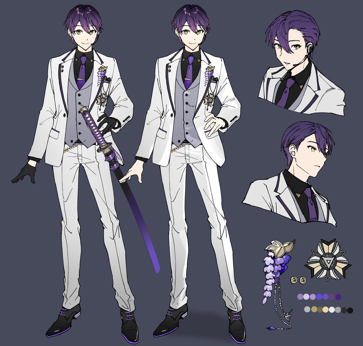 1boy male focus necktie purple hair pants weapon jacket  illustration images