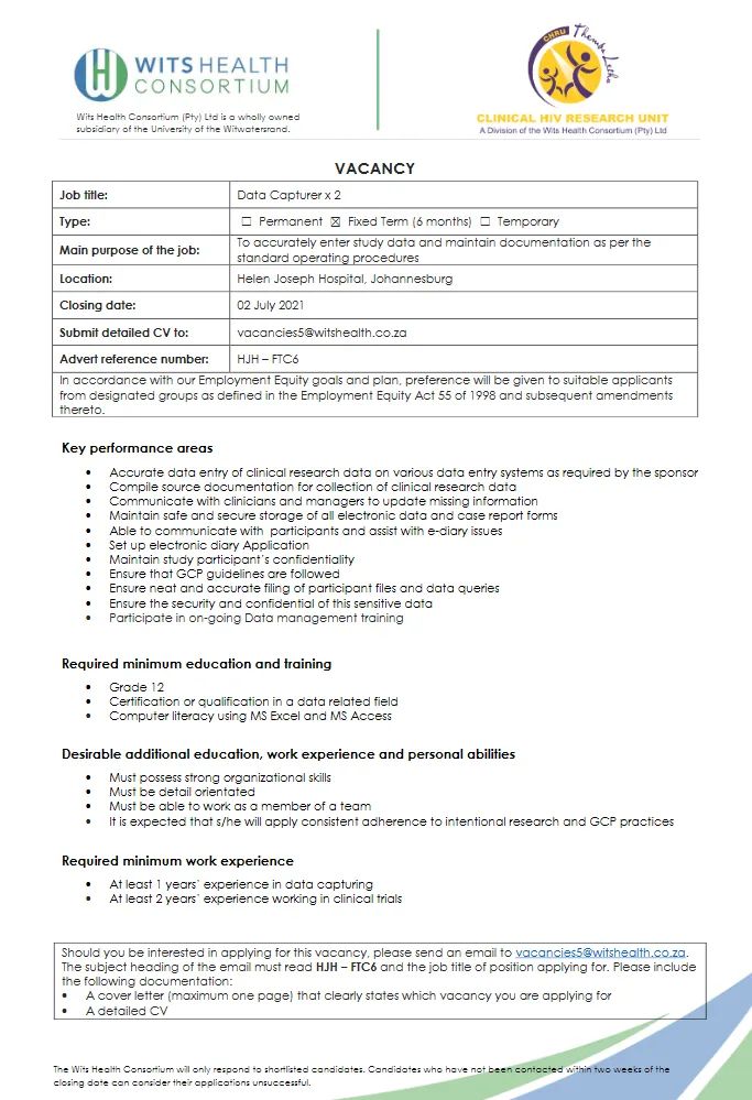 mikeconsultants's tweet photo. Data Capturers x 2
Wits Health Consortium
Closing Date 02 July 2021
Refer to picture
Share and tag others
Dont miss the latest posts, Like the page, for Legit job posts and regular updates
#MikeConsultants #SAJobs #SAJob #SAJobseekers #SA https://t.co/2hZi60Os4U