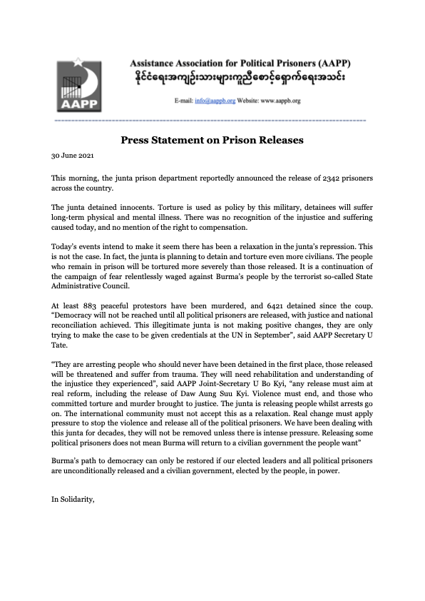 aapp_burma's tweet photo. PRESS RELEASE: on the 30 June prison release announcement

It was an intention to make it seem there is a relaxation in oppression. 

This is not the case.

#WhatsHappeningInMyanmar https://t.co/g157NMMqOD