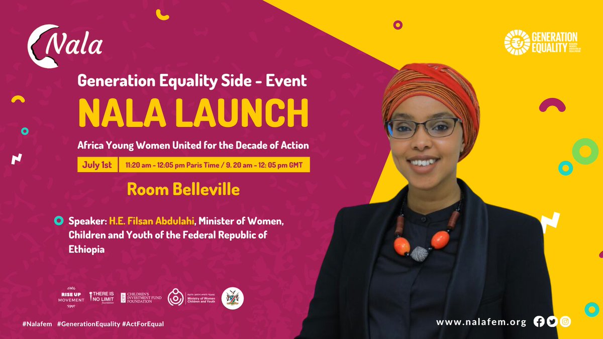 _Nalafem's tweet photo. #Nalafem Launch at @GenEgaliteFR 🌟🌍

Africa Young Women United for the Decade of Action🌟W/ Nala Council &amp; #Ethiopia Minister of Women, Children &amp; Youth @1_filsan 

 ⏰July 1st-9.20 AM GMT
Register: https://t.co/dProD5mt8z 

#ActForEqual #GEFParis https://t.co/9AMUjwHYmN