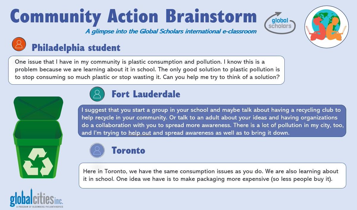 What can you do after you’ve identified a global problem that your own community faces? Brainstorm. A Global Scholars student in Philadelphia posed a question that resonated with peers in Fort Lauderdale and Toronto, receiving some great ideas in reply. #GlobalEngagement