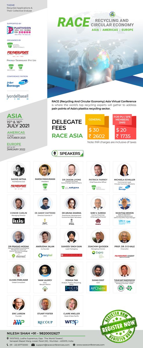 Race Conference: Recycled Applications & Their Collective End-use
REGISTER NOW: 4spe.org/i4a/pages/inde…
For more information, call:
+91-9820002627
#Recycling #VirtualConference #RecyclingConference #PlasticIndustries #Networking #PlasticRecycling #CircularEconomy #RACEConferences