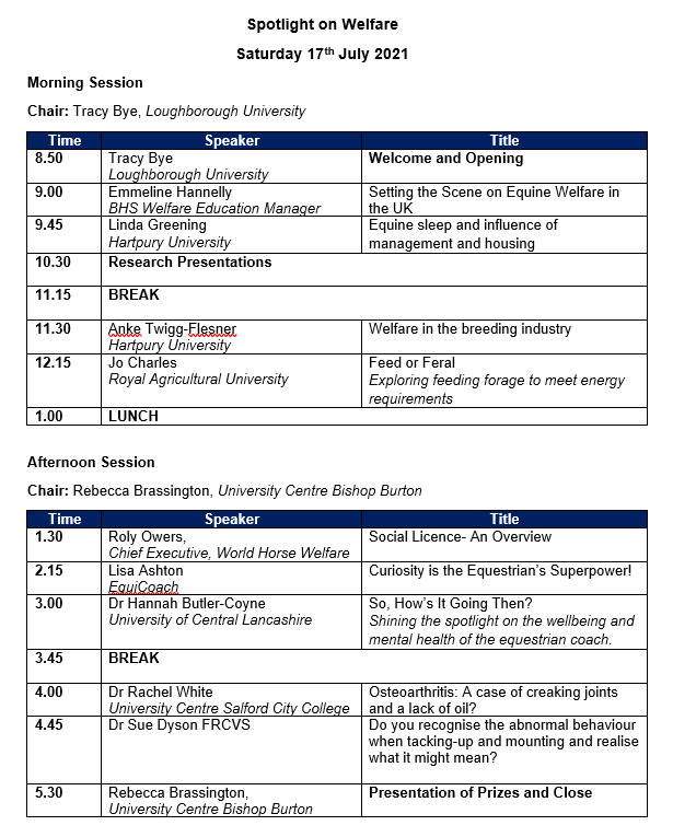Our online Equine Performance Conference is on Saturday 17th July! 

Join us at the fantastic ticket price of £70/pp for a day of talks and discussions on the theme ‘Spotlight on Welfare’. 

Visit bit.ly/3jv6tn0  to book your tickets