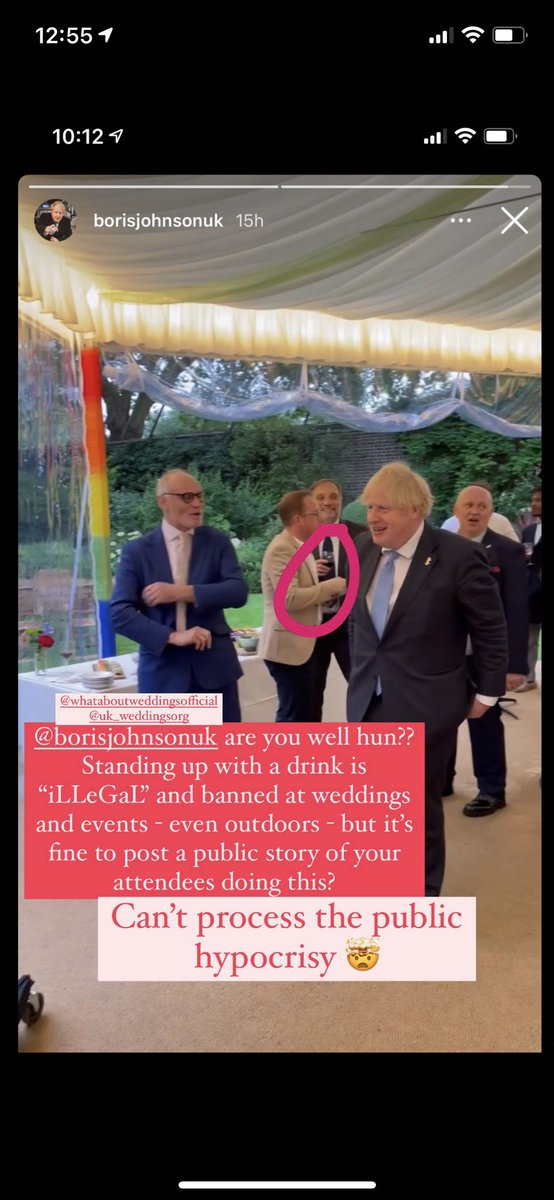 Hypocrisy continues: @BorisJohnson on insta stories y’day; his guests clearly stood up with a drink. It’s illegal+banned at weddings/events, yet fine here? Why should ANY supplier or wedding party comply with such a nonsensical “rule” when you clearly aren’t? #whataboutweddings