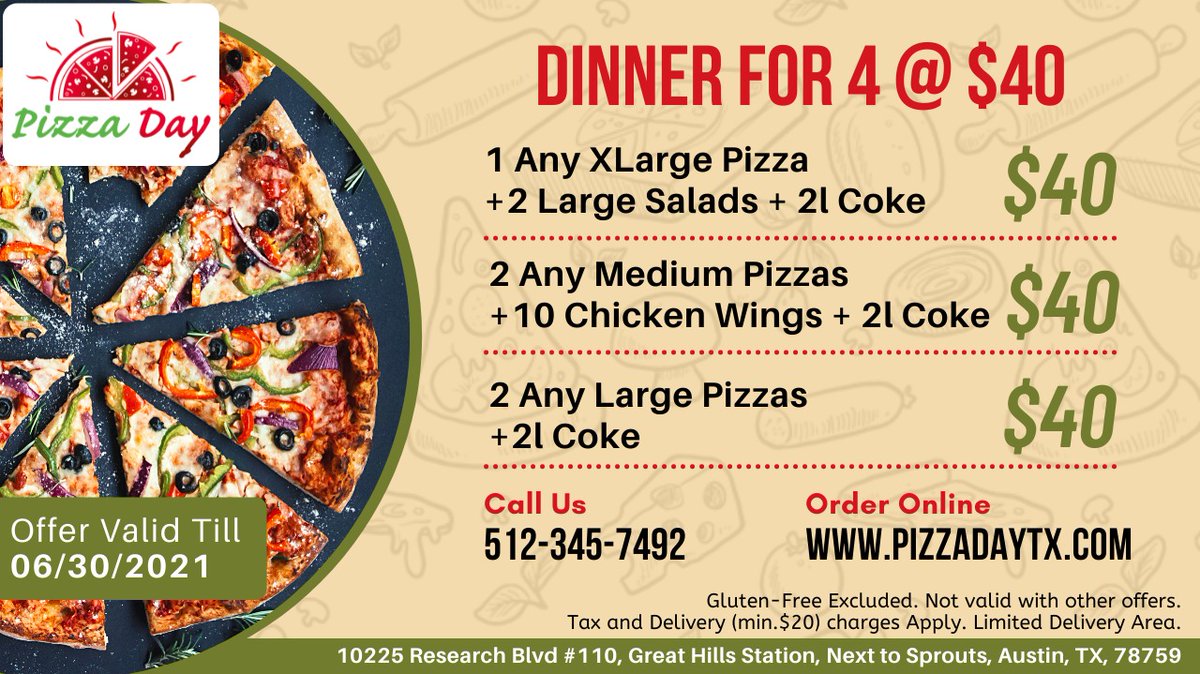 PizzaDayTx's tweet photo. Dinner For 4 @ $40
Call to Order: 512-345-7492
Order Online: https://t.co/Co9ptNzzO8
#Pizzadaytx #yelpaustin #AustinTX #AustinTexas #austinfoodies #austineats #austinfoodblog #austinrestaurant #iloveaustin #austinfoodbloggers #austintx #visitaustin #austintourist #austintour https://t.co/4yTkSMmO1S
