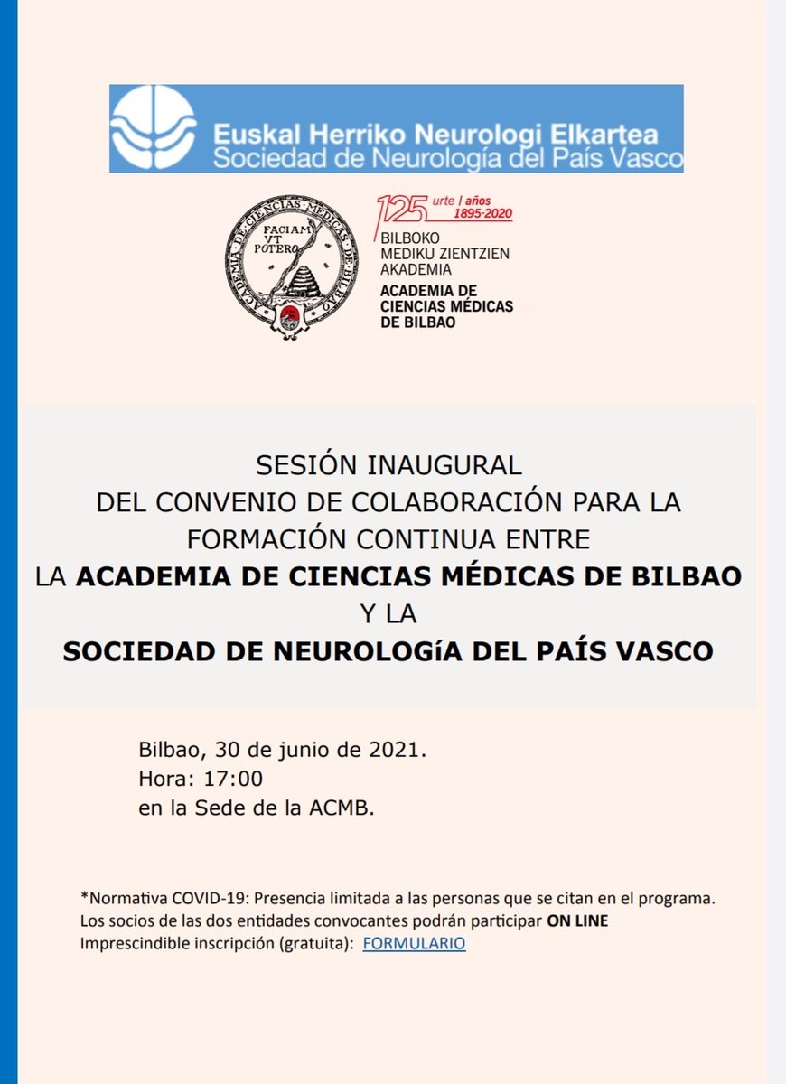 acmbbilbao's tweet photo. Recuerdo de la Sesión Inaugural del Convenio de Colaboración para la Formación Continua entre la Academia de Ciencias Médicas de Bilbao y la Sociedad de Neurología del País Vasco.

🗓️: 30 de junio
⏲️: 17h

Formulario de inscripción: https://t.co/sDbiSwnJis https://t.co/UzAugh270Y
