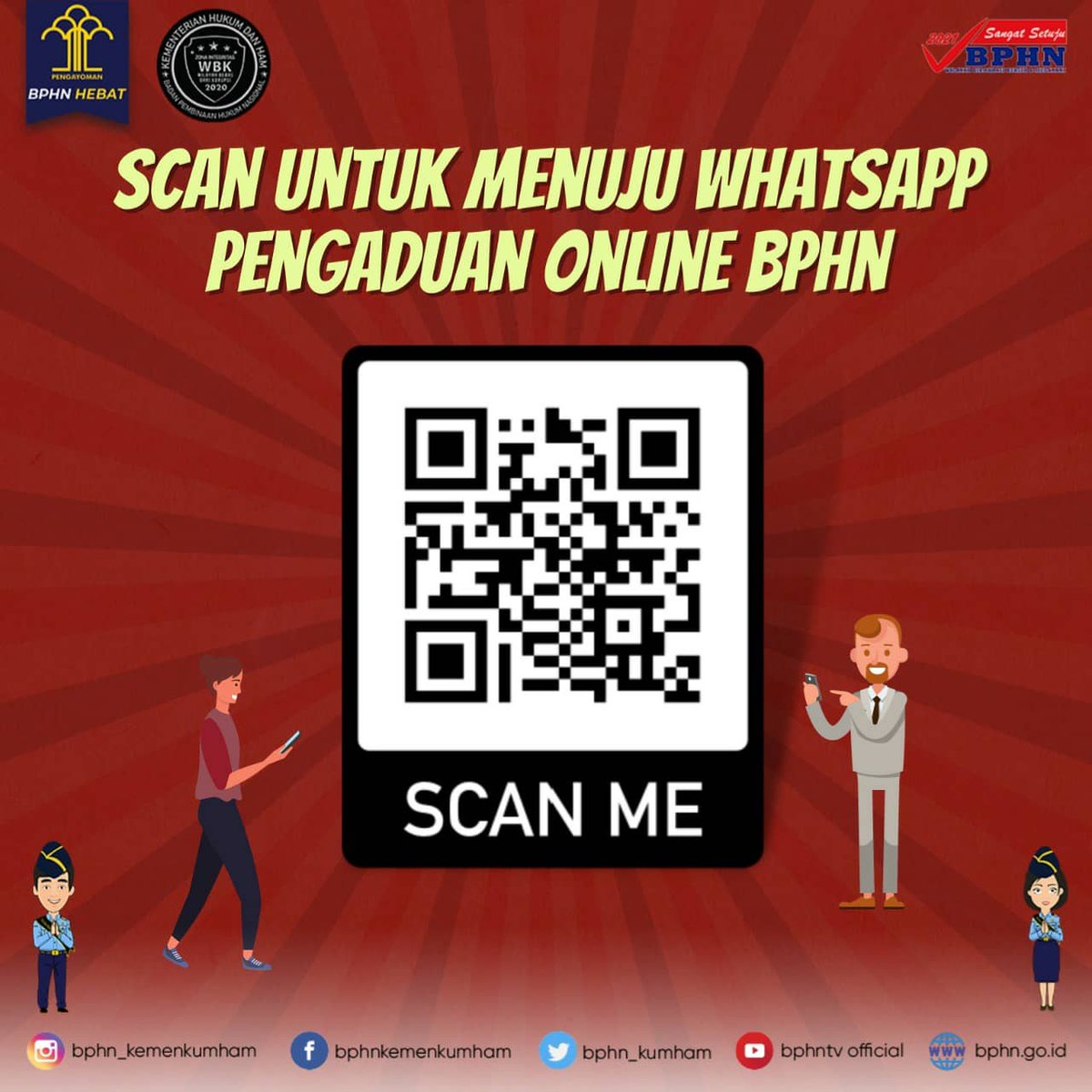 Jangan ragu untuk mengirim pesan ke nomor Whatsapp 0813-1313-3015 atau dengan cara scan barcode ini. Petugas BPHN siap melayani pertanyaan dan pengaduan dari masyarakat. 

Salam sehat selalu.

#BPHN #KumhamPasti #Kemenkumham #pengaduanmasyarakat #layananmasyarakat