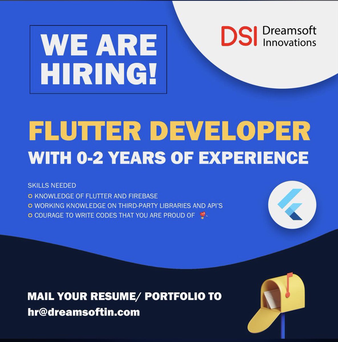 dreamsoftin's tweet photo. Hey #Flutter family!!!

We are hiring Flutter Developers with 0-2 years of experience.
 
Interested candidates do reach out to us. 

#flutterdev #Jobs #flutterdevelopers #flutterjobs #FlutterMangalore #jobseeker https://t.co/dU4JWpZyrc