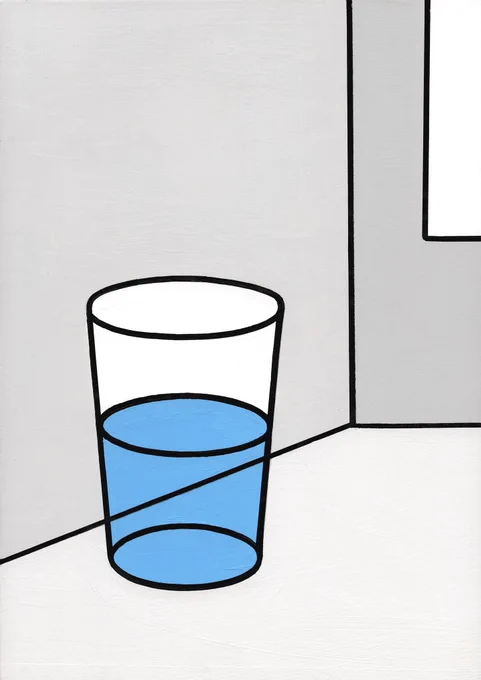 『水の入ったグラスのある静物』
木製パネル/アクリル絵具/ポスカ
(個展「somethingのある静物」より) 